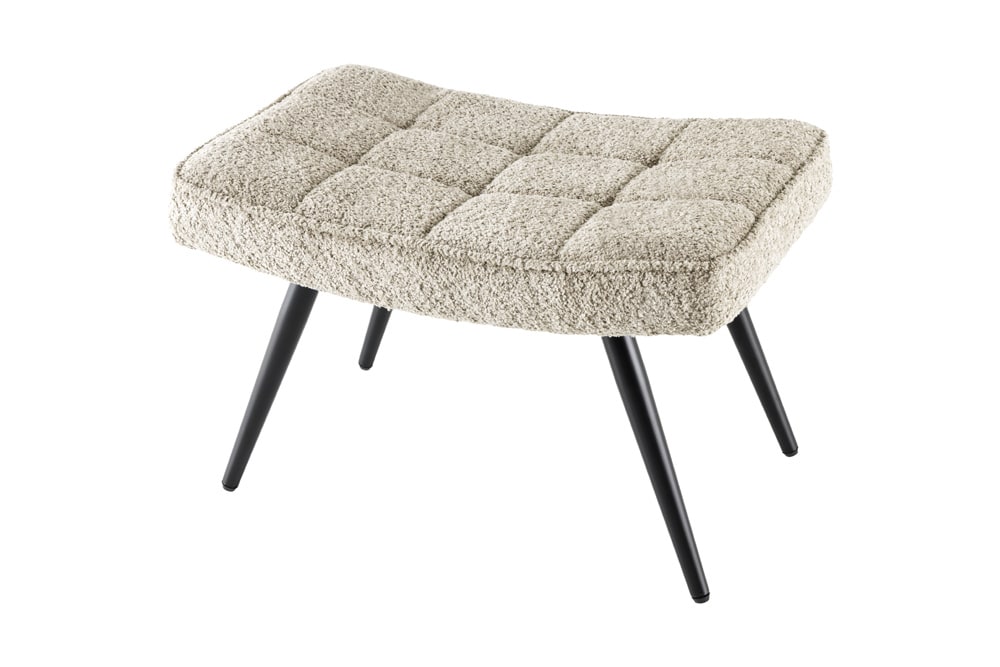 Moderner Hocker SCANDINAVIA champagner greige Bouclé schwarze Metallbeine Fußhocker