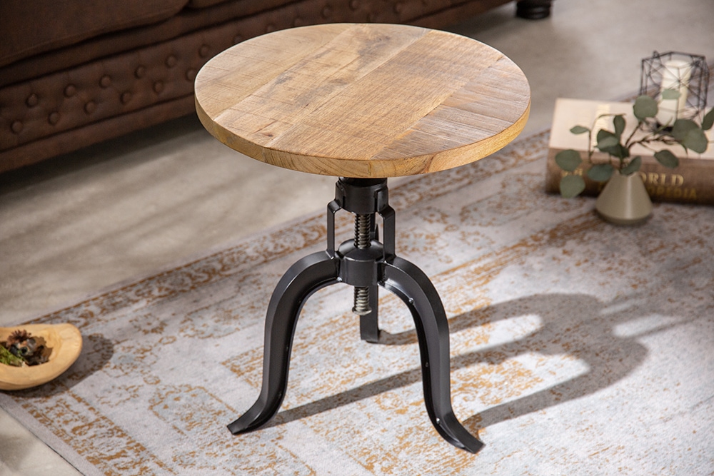 Höhenverstellbarer Beistelltisch ENGINEER 50cm Mangoholz Industrial Design massiv rund Eisen