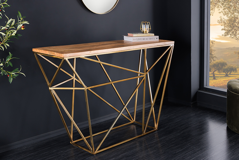 Abstrakter Konsolentisch DIAMOND 120cm natur messing Mangoholz Metallgestell