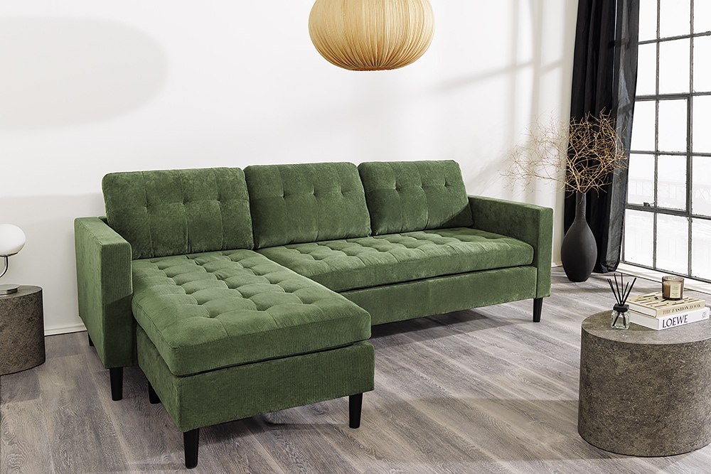 Retro Ecksofa STOCKHOLM 220cm grün Cordstoff Federkern 3-Sitzer