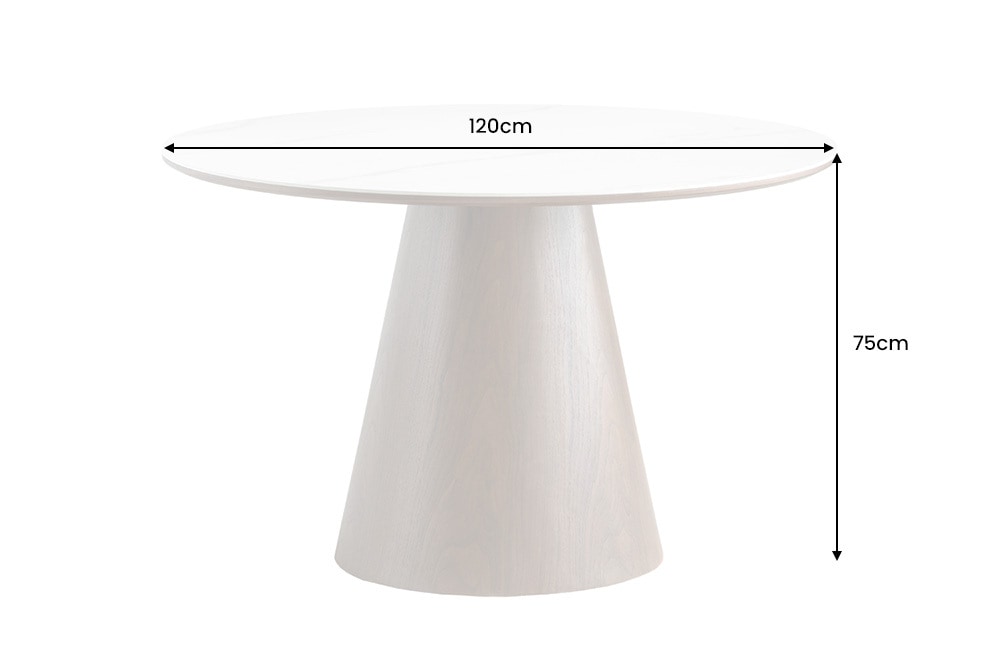 Runder Esstisch UNIQUE 120cm weiß braun Walnussholz Keramik Marmor Säulenfuß