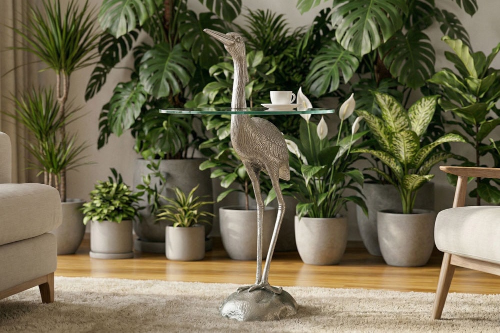 Runder Beistelltisch WILDLIFE HERON 90cm silber Metall Glas Fischreiher Skulptur handmade