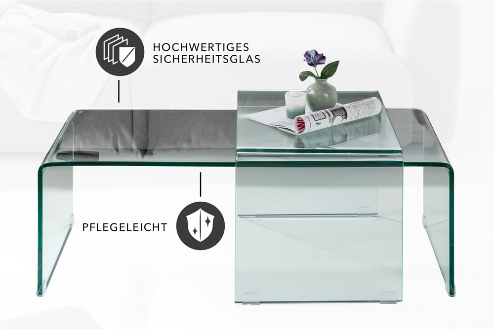 Hochwertiges 2er Set Glas Couchtisch FANTOME 100cm transparent