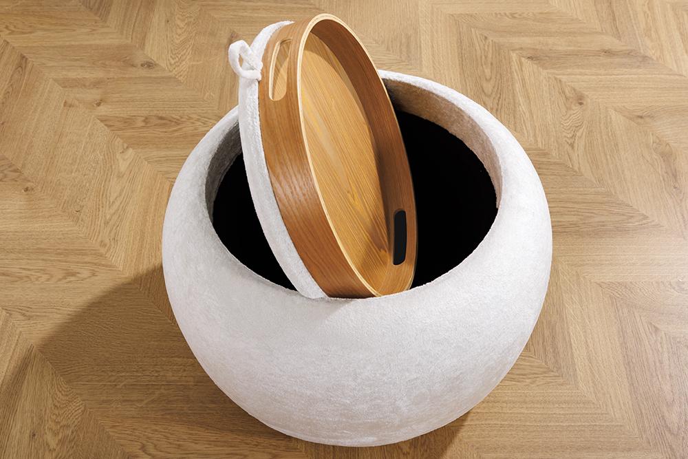 Runder Couchtisch ORBIT 50cm beige Bouclé Hocker mit Tablett und Stauraum