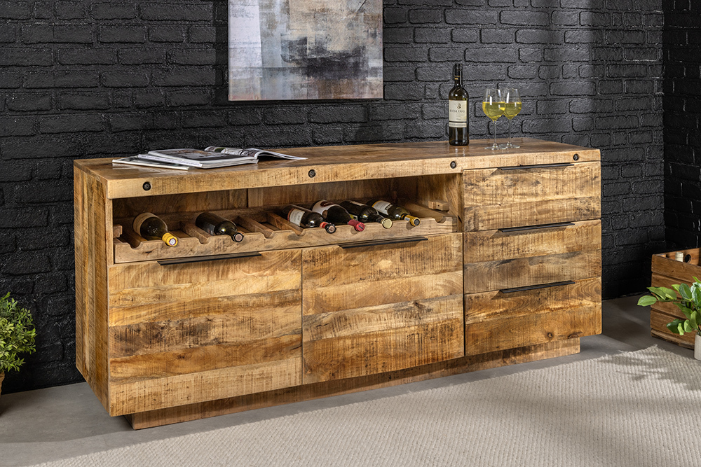 Massives Sideboard IRON CRAFT 175cm natur Mangoholz mit Schubladen Weinregal Massives Sideboard IRON CRAFT 175cm natur Mangoholz mit Schubladen Weinregal