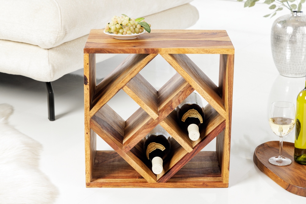 Massivholz Weinregal CUBUS 40cm braun Sheesham stone finish Beistelltisch handmade