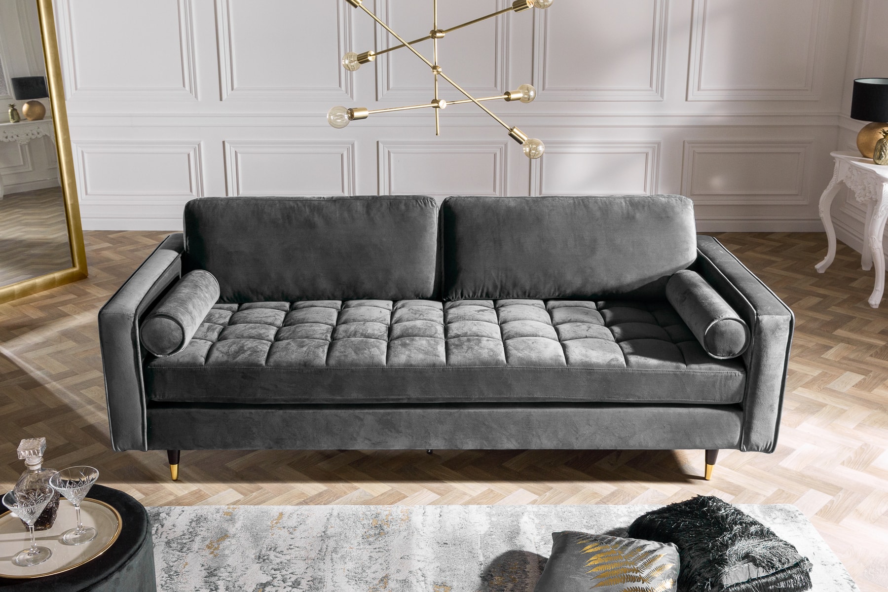 Design 3-Sitzer Sofa COZY VELVET 220cm grau Samt Federkern Lounge