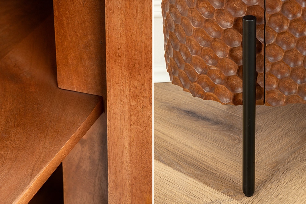 Massives Sideboard ADLON 180cm braun Mangoholz schwarz Metall 3D-Front in Wabenstruktur