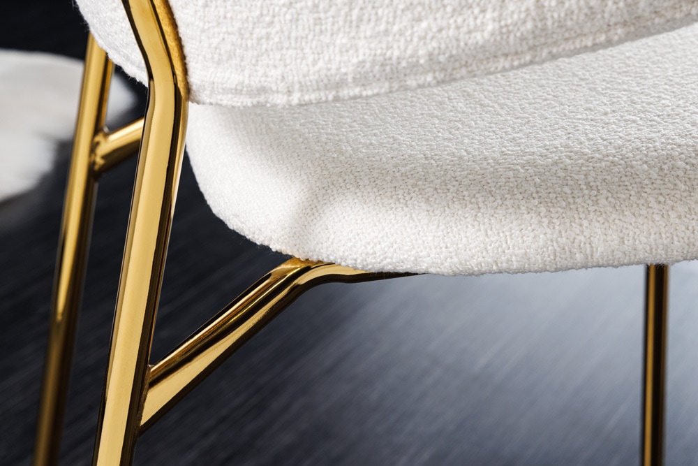 Design Stuhl VOGUE weiß Bouclé goldene Metallbeine