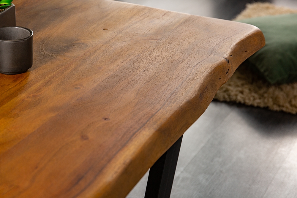 Massivholz Baumstamm Couchtisch MAMMUT 110cm Akazie schwarzes Metallgestell 3,5cm Tischplatte
