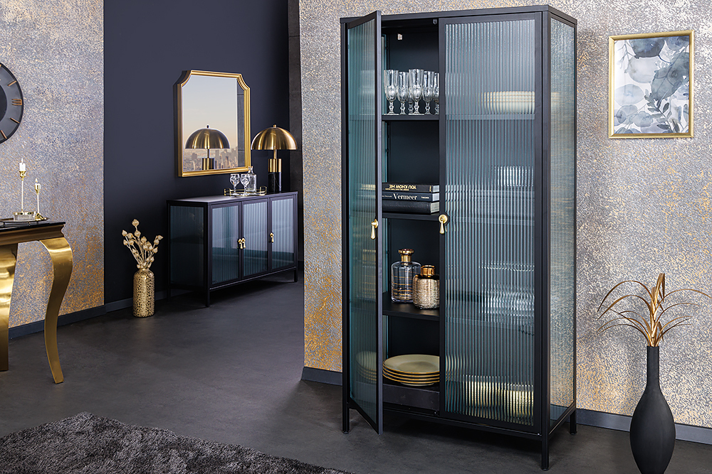 Moderne Vitrine AMSTERDAM 160cm schwarz gold Riffelglas Metall Highboard Schrank