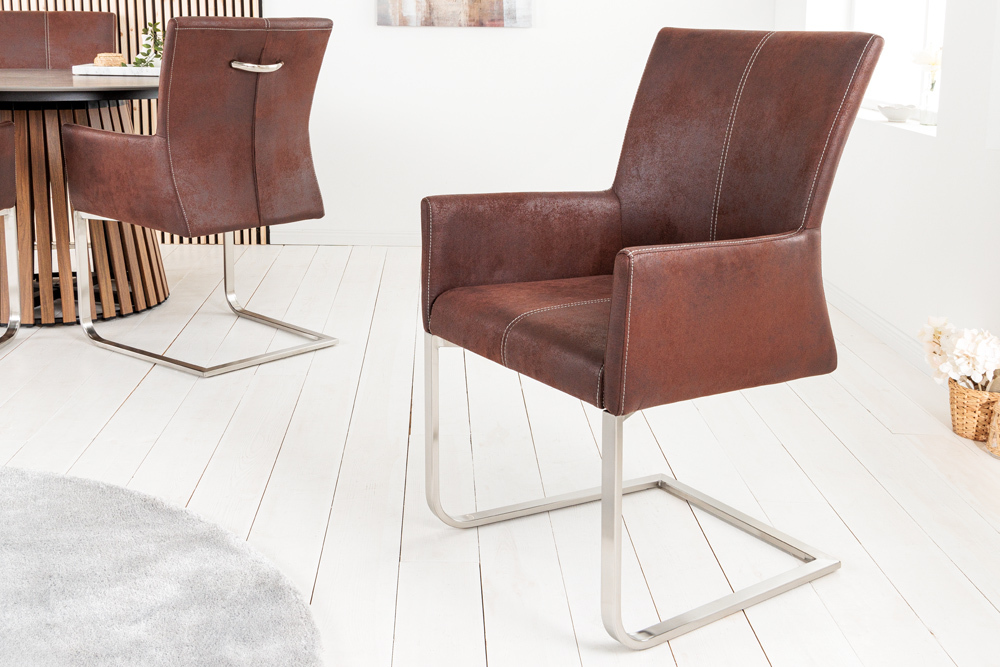 Freischwinger Stuhl SAMSON dark coffee mit Armlehne und Edelstahlrahmen