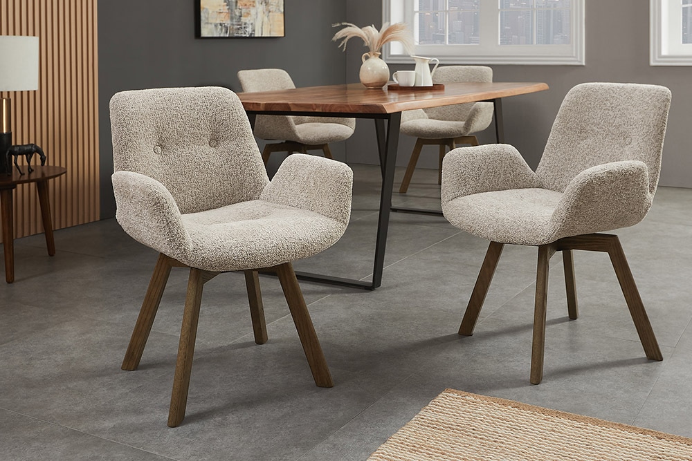 Drehbarer Design Stuhl BALTIC taupe Bouclé Tweed Soft Eiche Massivholz Walnuss