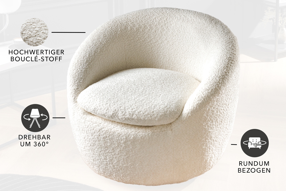 Drehbarer Design Sessel ALPINE beige Bouclé 360° mit Armlehnen