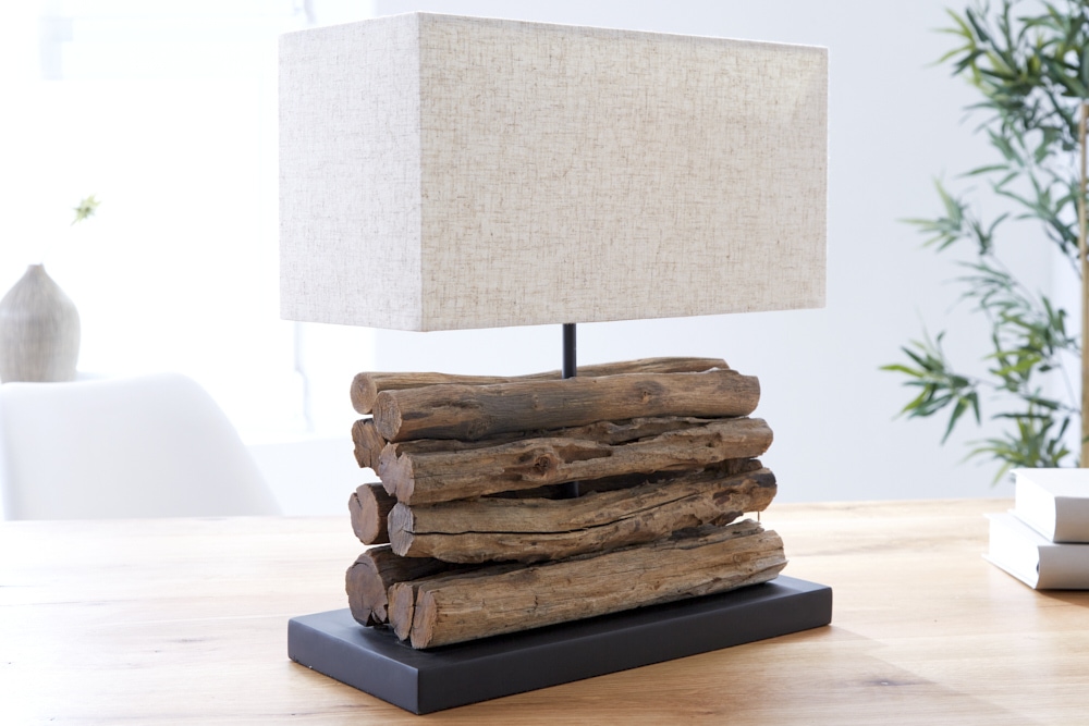 Handgefertigte Tischlampe PERIFERE 40cm beige Treibholz Leinenschirm