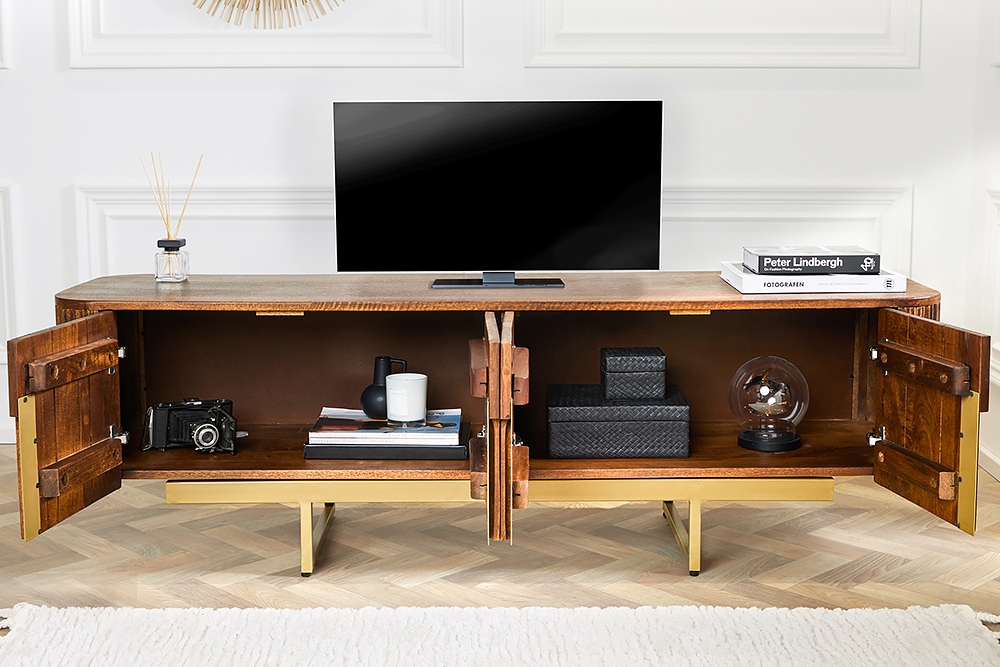 Design TV Board GATSBY 160cm braun mattgold Mangoholz Retro