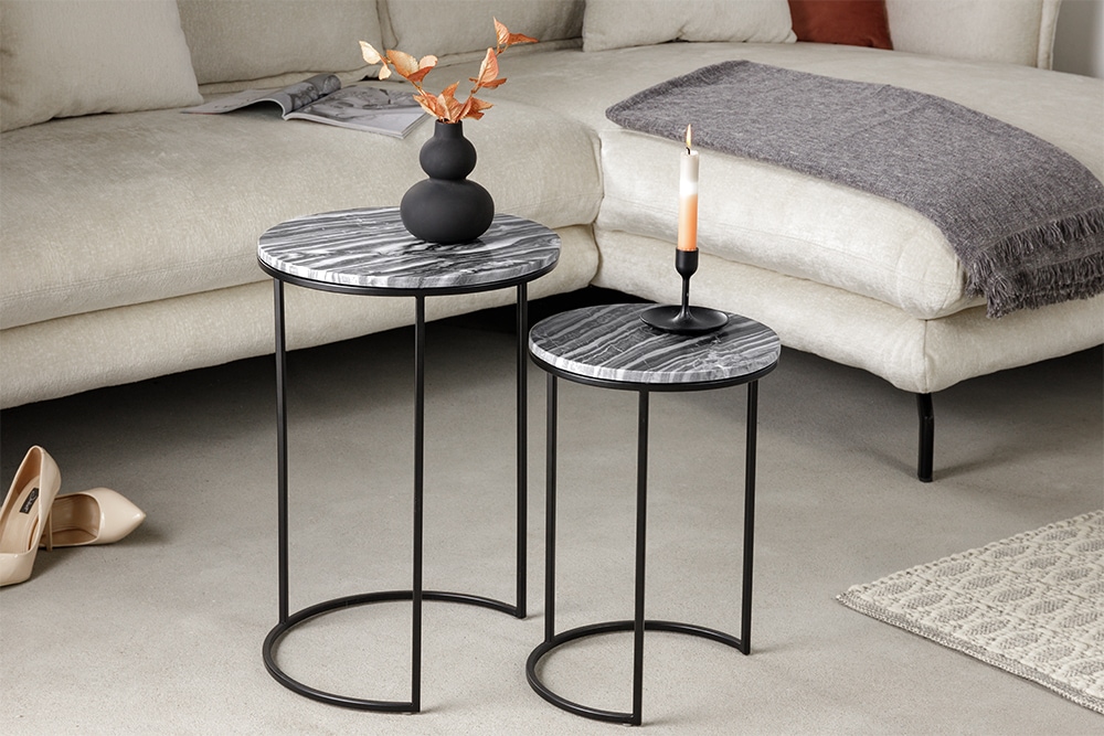 Design Beistelltisch 2er Set ELEMENTS 40cm grau Marmor schwarzes Gestell rund » Jetzt kaufen