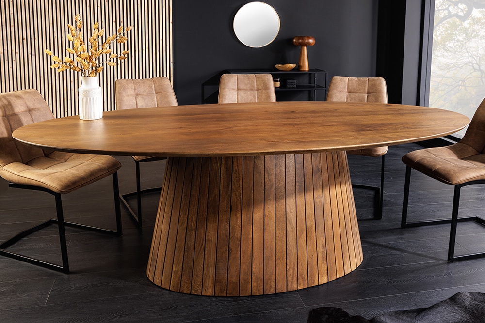 Ovaler Esstisch ART DECO 220cm braun smoked massives Mangoholz mit Säulenfuß