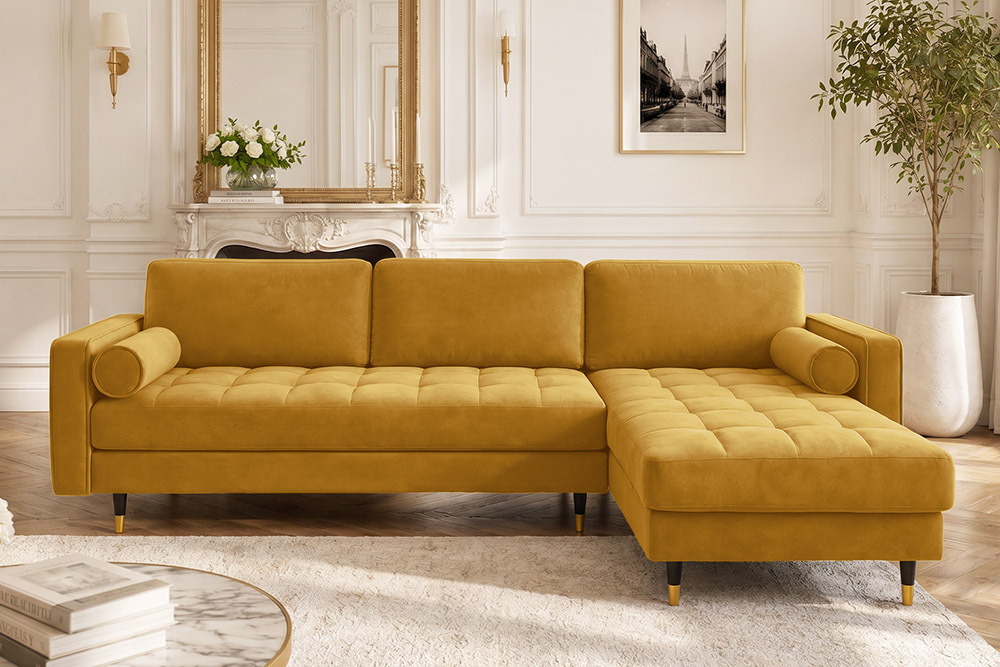 Elegantes Ecksofa COZY VELVET 260cm senfgelb Samt Federkern 3-Sitzer