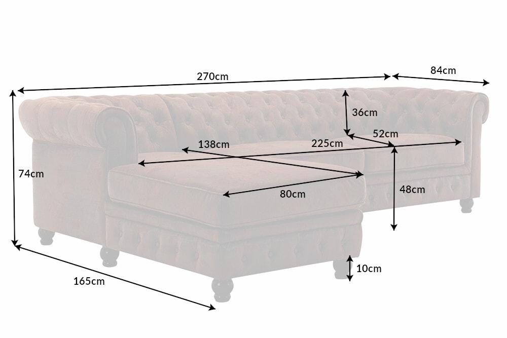 Design Ecksofa CHESTERFIELD 270cm antik braun Microfaser Federkern Ottomane links Vintage