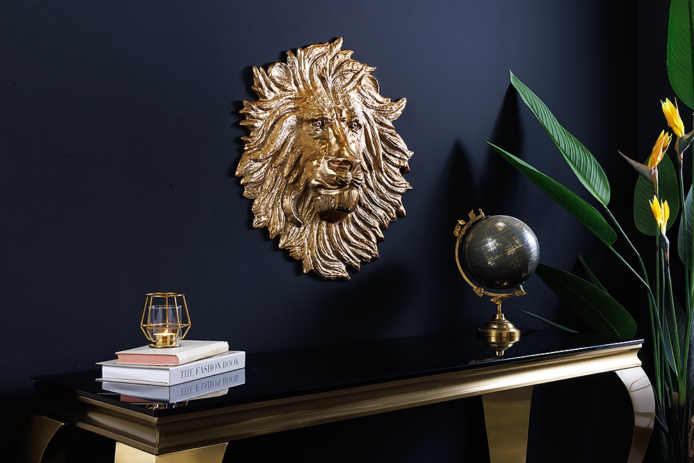 Goldene Wanddeko WILDLIFE LION 35cm gold Metall Löwenkopf-Skulptur handmade