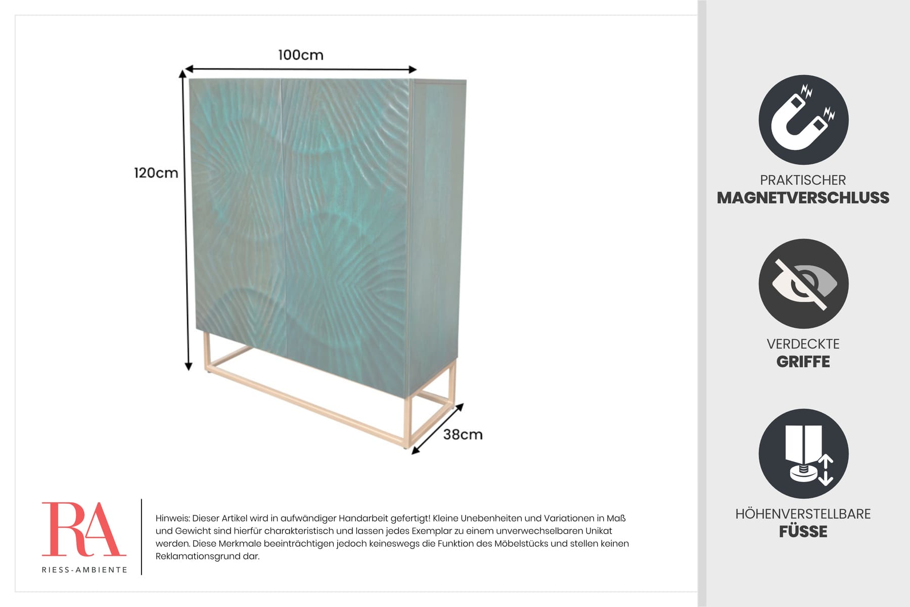 Massives Highboard SCORPION 120cm türkis Mangoholz mit 3D Schnitzereien gold Metall