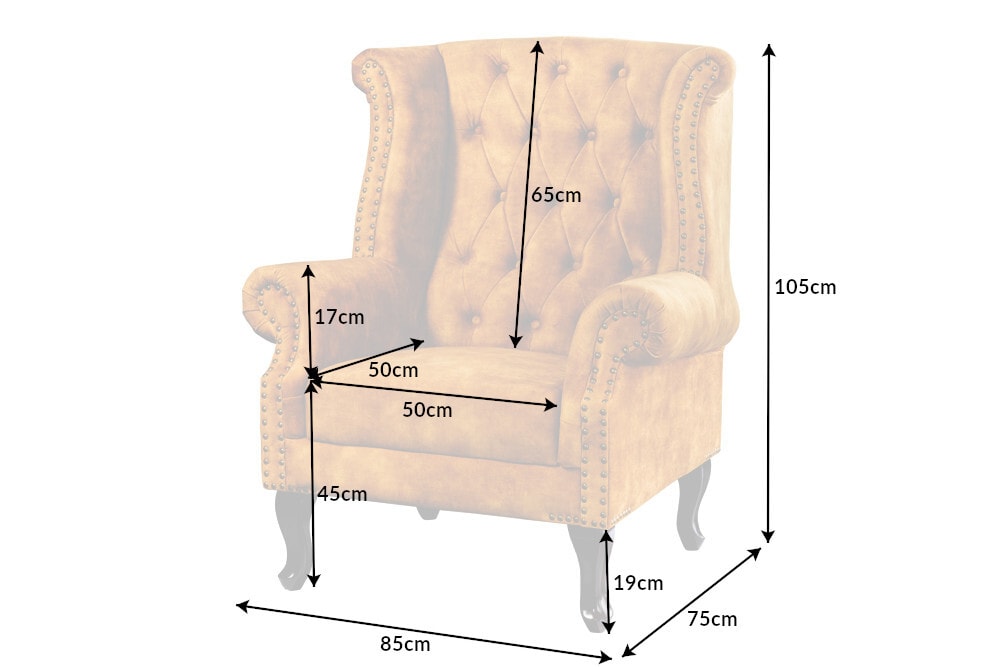 Design Ohrensessel CHESTERFIELD 85cm senfgelb Samt Knopfheftung