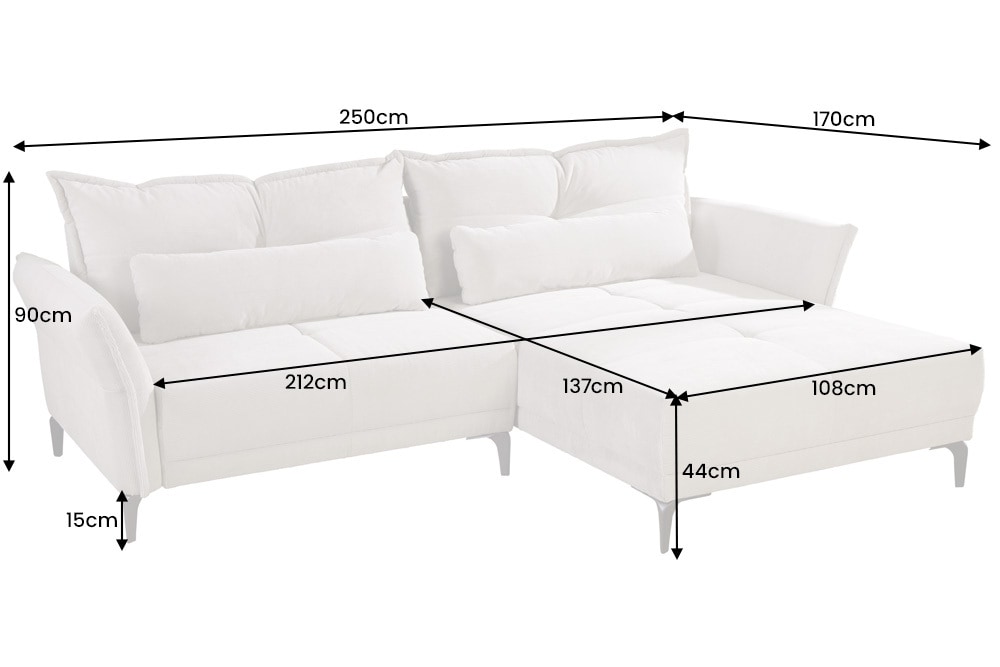Modernes Ecksofa DESIGNO 250cm champagner beige Cord Couch inklusive Kissen Metallfüße