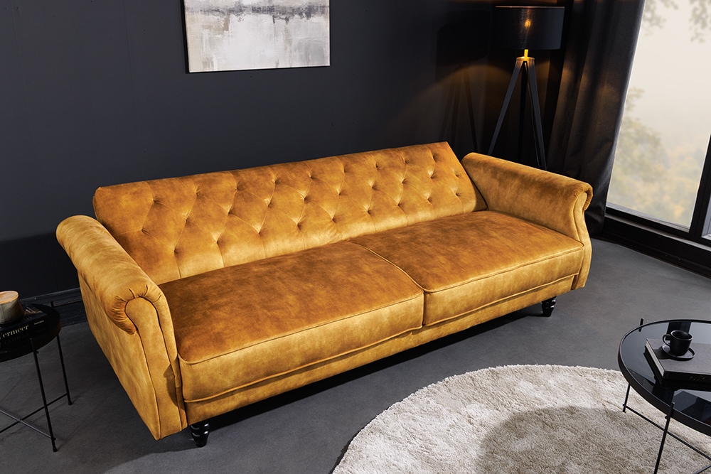 3-Sitzer Sofa MAISON BELLE AFFAIRE 220cm senfgelb Samt mit Schlaffunktion