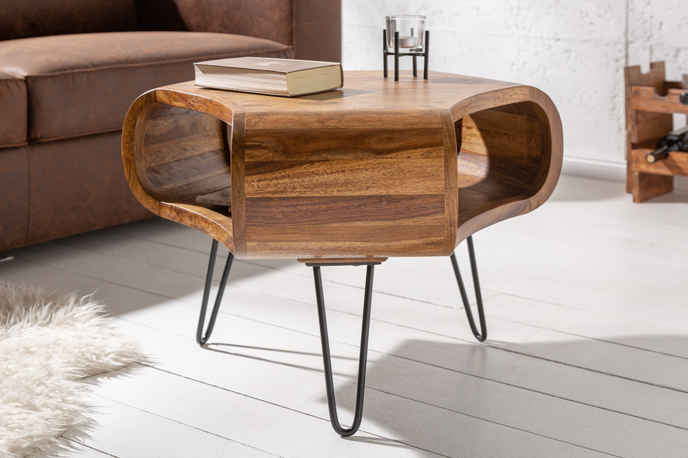 Retro Couchtisch ORGANIC LIVING 70cm braun Sheesham Massivholz stone finish Stauraum
