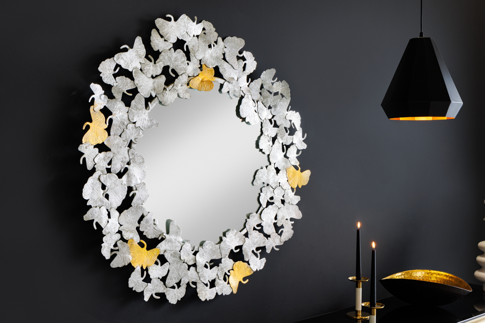 Dekorativer Wandspiegel GINKGO LEAFS XL 90cm gold silber rund aus Metall handmade