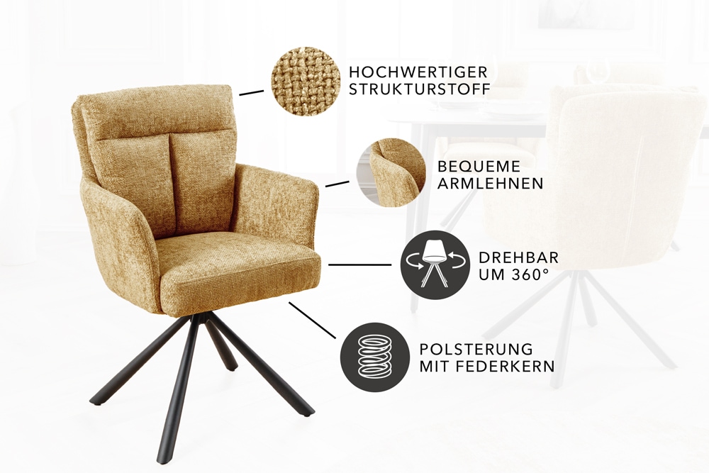 Drehbarer Stuhl BIG GEORGE senfgelb Strukturstoff Taschenfederkern mit Armlehne Metall