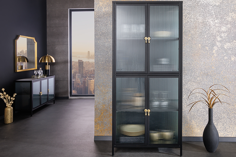 Moderne Vitrine AMSTERDAM 180cm schwarz gold Riffelglas Metall Highboard Schrank
