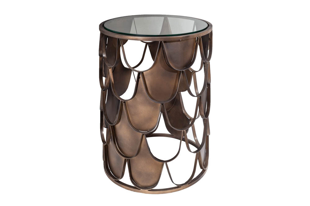 Industrial Beistelltisch ABSTRACT 55cm antik messing Metall Fischschuppen Design rund Glas