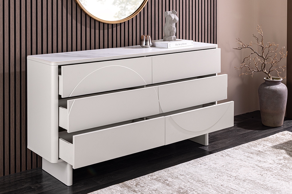 Design Sideboard SAVOY 150cm kaschmir weiß Marmor Keramik mit sechs Schubladen