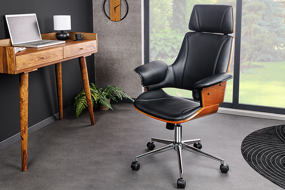 Höhenverstellbarer Bürostuhl MANHATTAN Kunstleder Walnuss mit Armlehne Retro Design
