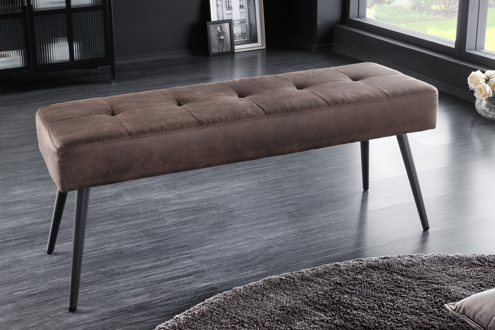 Design Sitzbank BOUTIQUE 100cm antik braun Microfaser schwarze Metallbeine Polsterbank