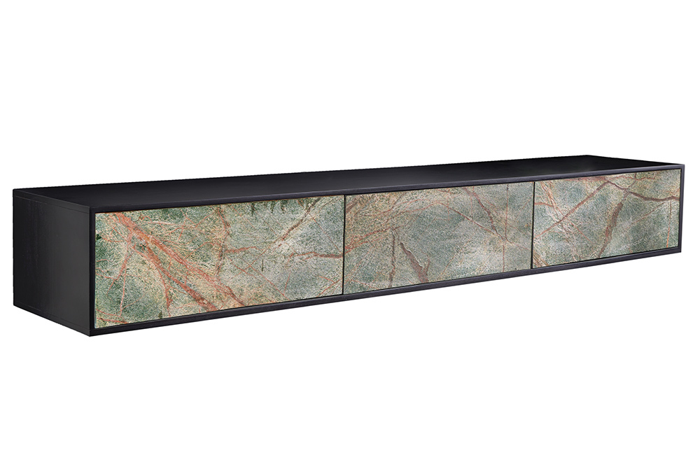 Massivholz TV Lowboard MOUNTAIN SOUL 200cm echter Naturstein Akazie schwarz hängend / stehend