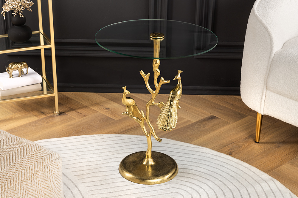 Runder Beistelltisch WILDLIFE PEACOCK 60cm gold Glasplatte Metall Pfauen-Skulptur