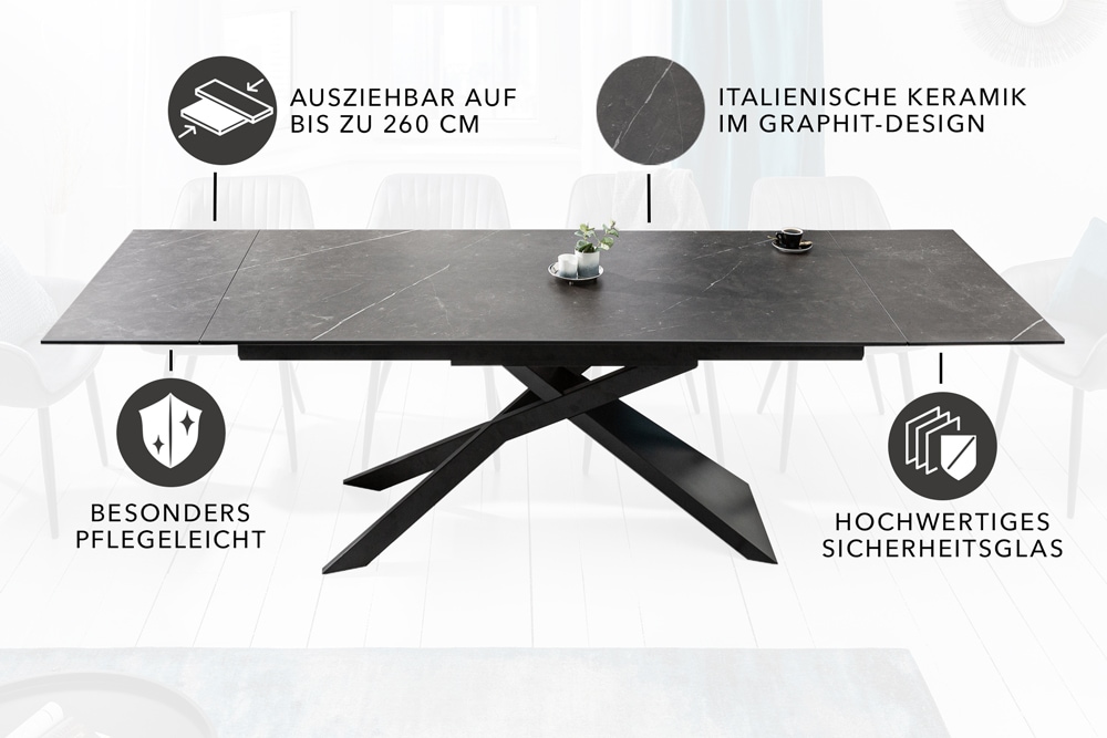 Ausziehbarer Esstisch EUPHORIA 180-220-260cm Graphit Keramik made in Italy