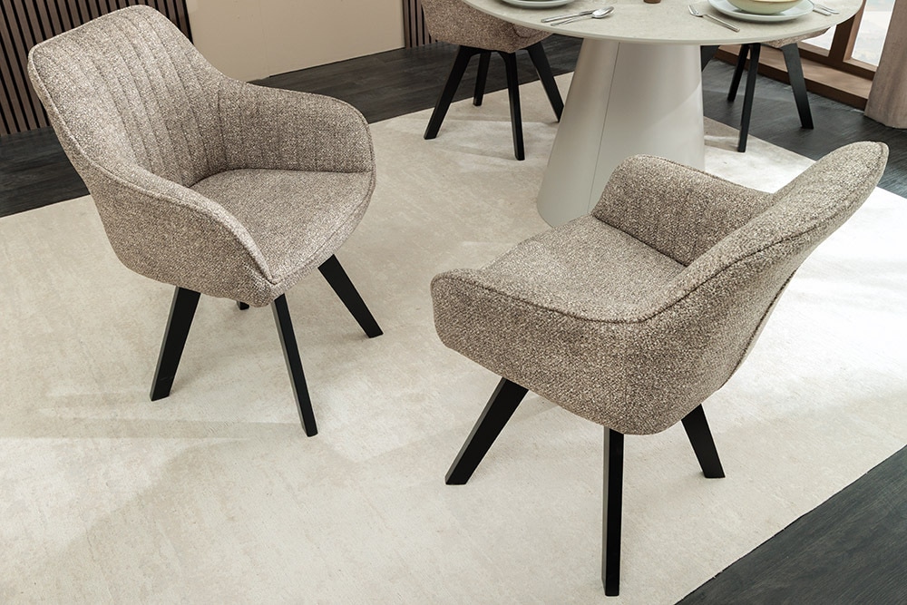 Design Stuhl LIVORNO taupe Strukturstoff schwarz Massivholz drehbar Auto-Return-Funktion