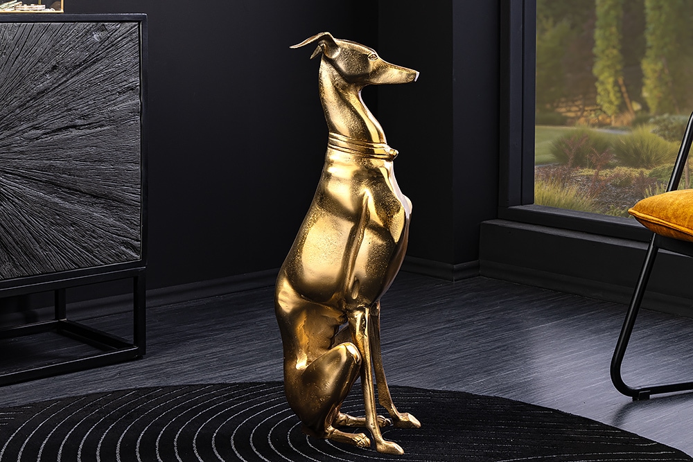 Design Skulptur GREYHOUND 70cm gold Metall Aluminium Windhund Figur
