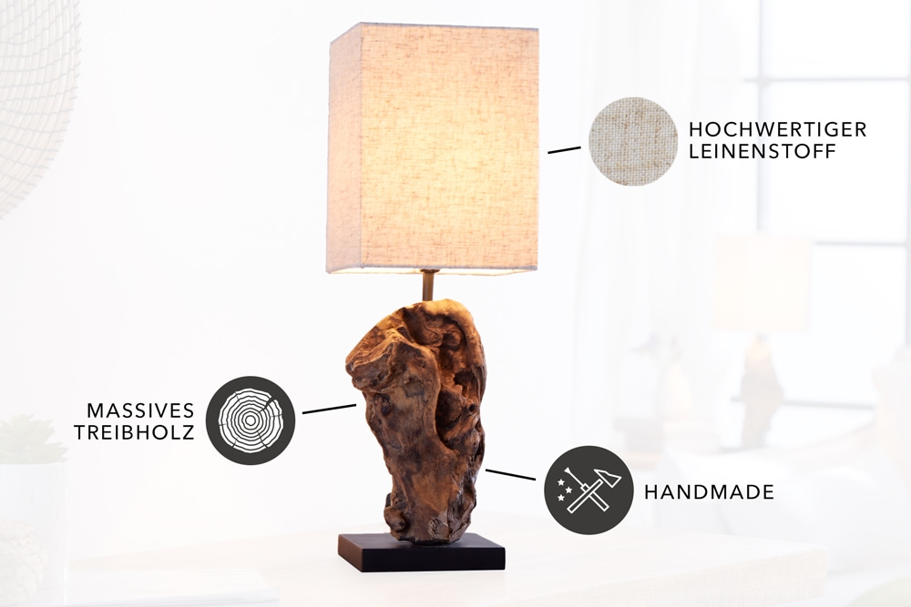 Handgearbeitete Treibholz Tischlampe HYPNOTIC 45cm beige mit Leinenschirm
