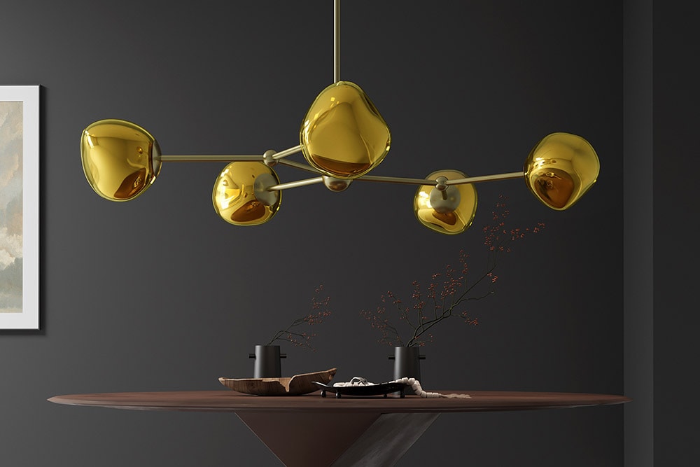 Design Hängelampe LIQUID DIAMOND 100cm gold Glas Stahl fünf Schirme Kugelleuchte