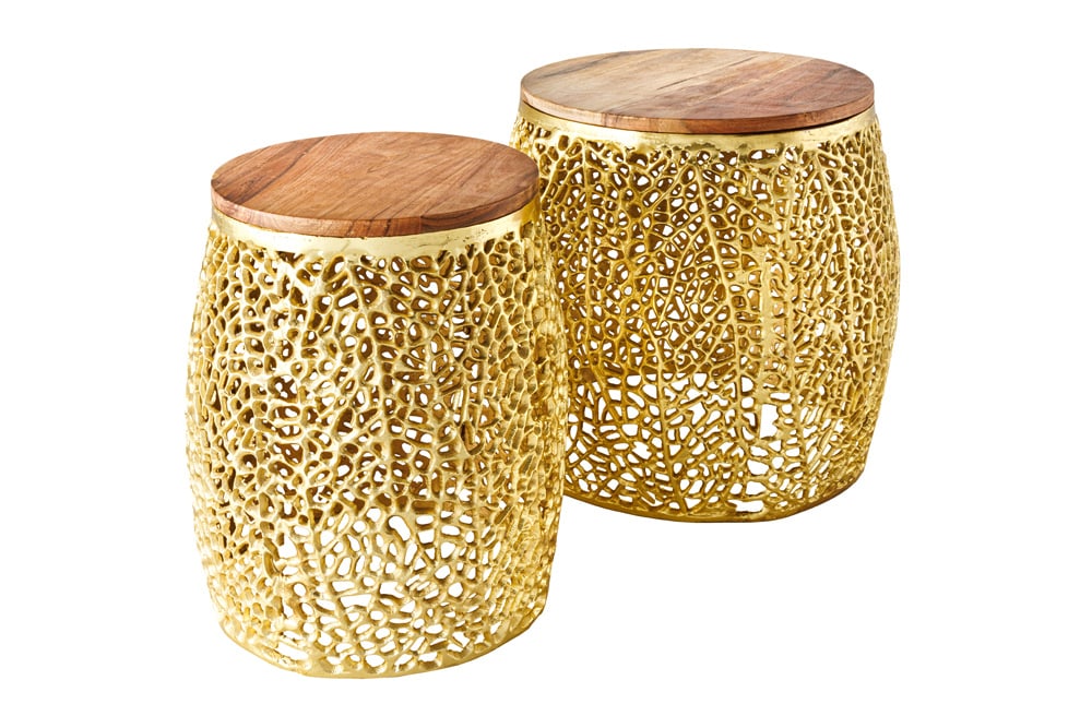 2er Set Filigraner Design Couchtisch ABSTRACT LEAF gold Akazienholz Handarbeit Metall rund