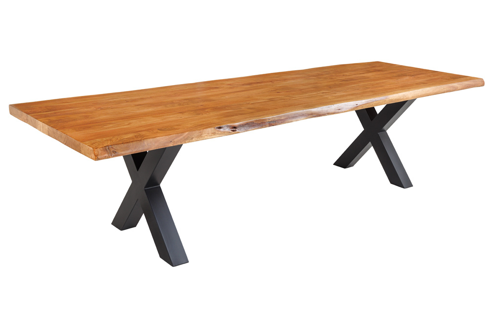 Massivholz Esstisch MAMMUT 300cm Akazie X-Gestell schwarz Metall Baumkante 6cm Tischplatte