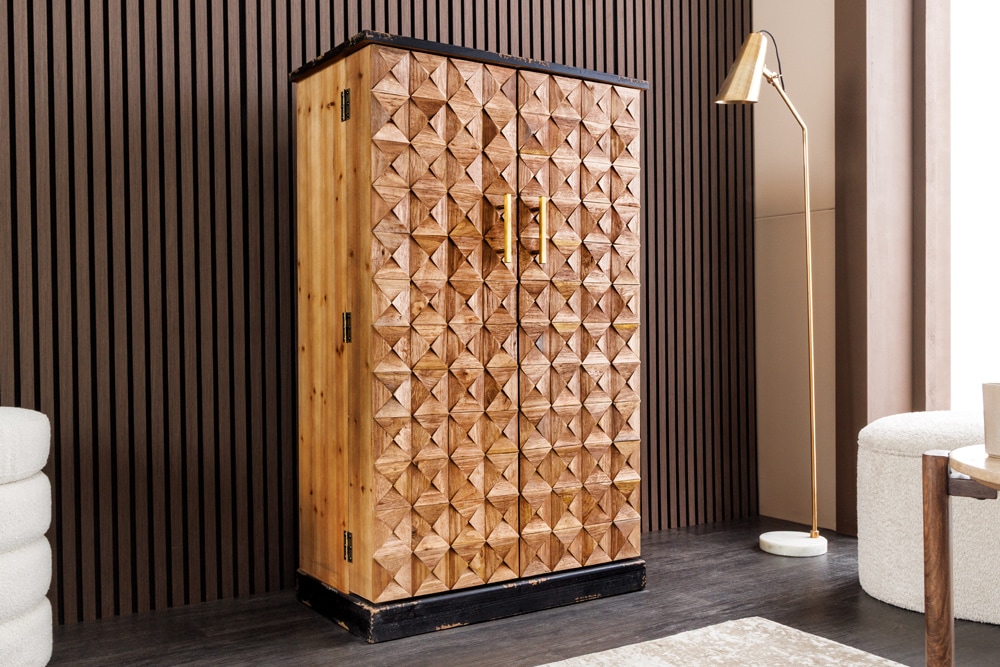 Design Barschrank BODEGA 120cm natur Pinienholz mit 3D-Front und Flaschenregal