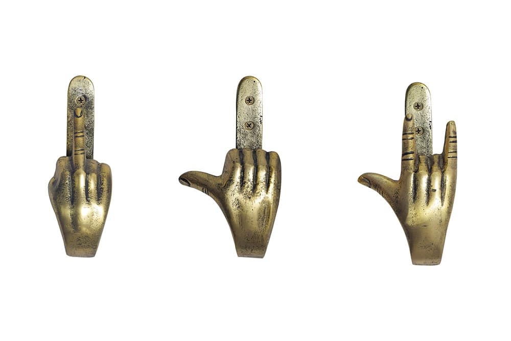 Extravagantes 3er Set Kleiderhaken FINGERS messing Metall-Aluminium Wandgarderobe