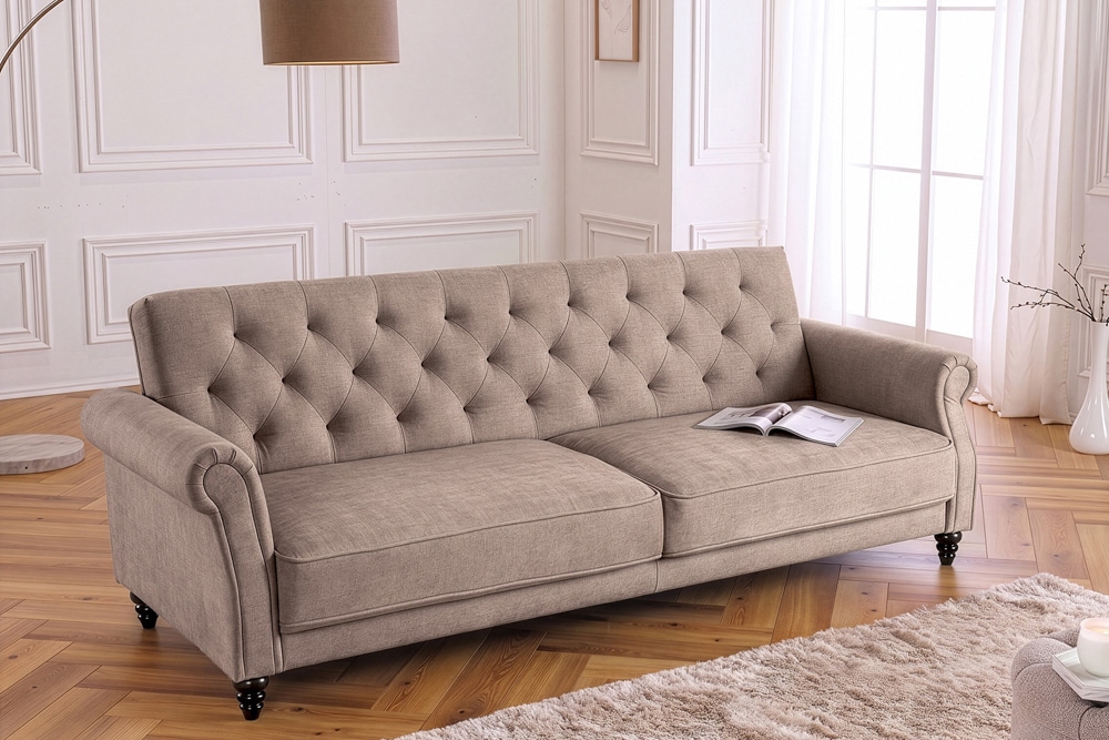 Schlafsofa MAISON BELLE AFFAIRE 220cm greige Vogue Seiden Samtstoff 3-Sitzer