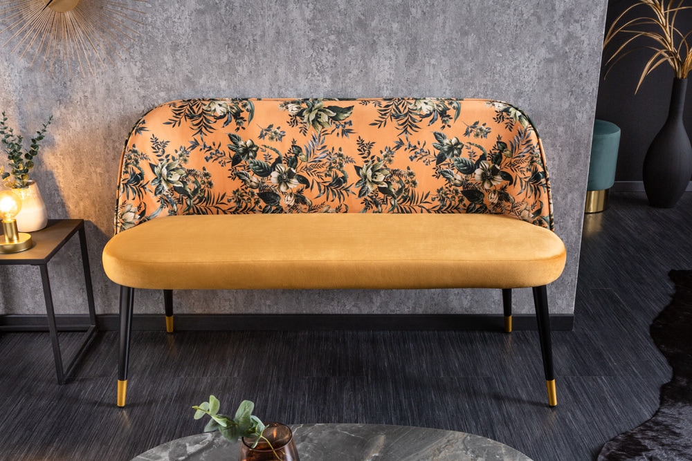 Design Bank PRÊT-À-PORTER gelb Samt florales Muster und goldene Fußkappen